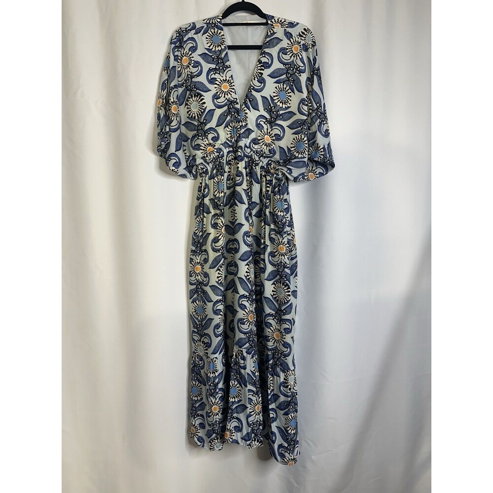 Marie Oliver Venus Caftan Treillage Blue Floral Midi Dress V Neck Size S